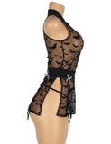 Black Classic Transparent Bat Patterns Lingerie with Garter Belt