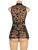 New Black Classic Transparent Bat Patterns Lingerie with Garter Belt