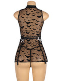 Black Classic Transparent Bat Patterns Lingerie with Garter Belt