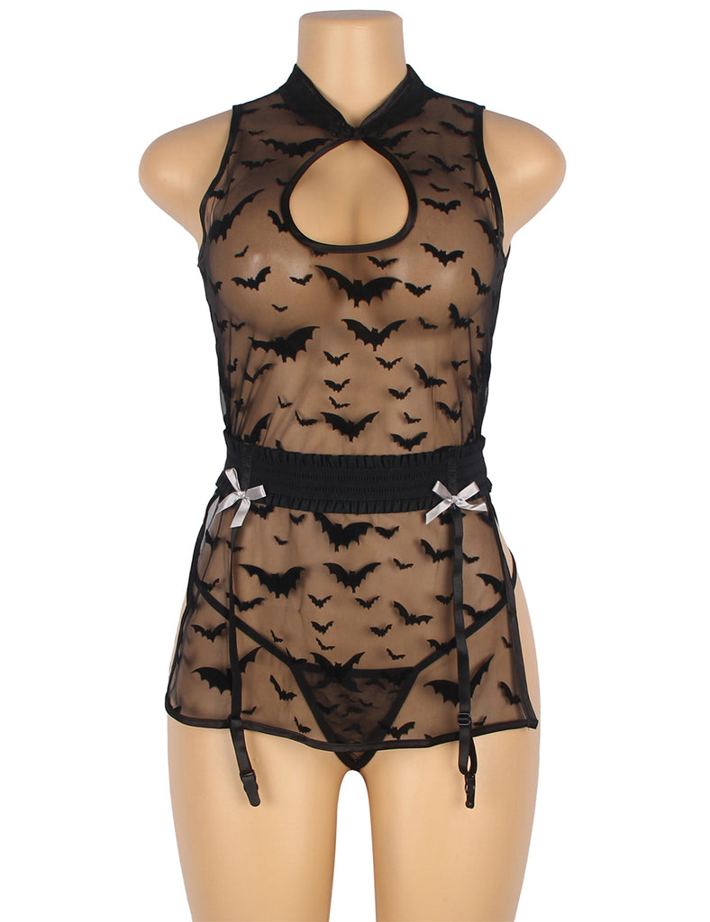 Black Classic Transparent Bat Patterns Lingerie with Garter Belt