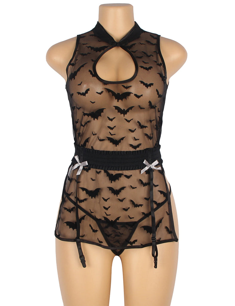 New Black Classic Transparent Bat Patterns Lingerie with Garter Belt