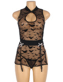 New Black Classic Transparent Bat Patterns Lingerie with Garter Belt