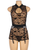 Black Classic Transparent Bat Patterns Lingerie with Garter Belt