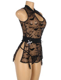Black Classic Transparent Bat Patterns Lingerie with Garter Belt