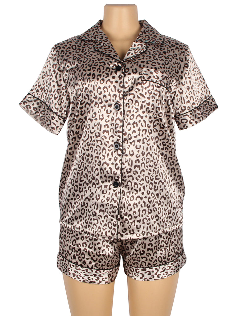 Leopard Print Silk Short Sleeve Two Piece Pajamas Set