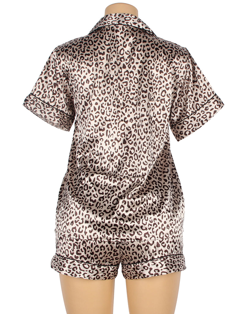 Leopard Print Silk Short Sleeve Two Piece Pajamas Set