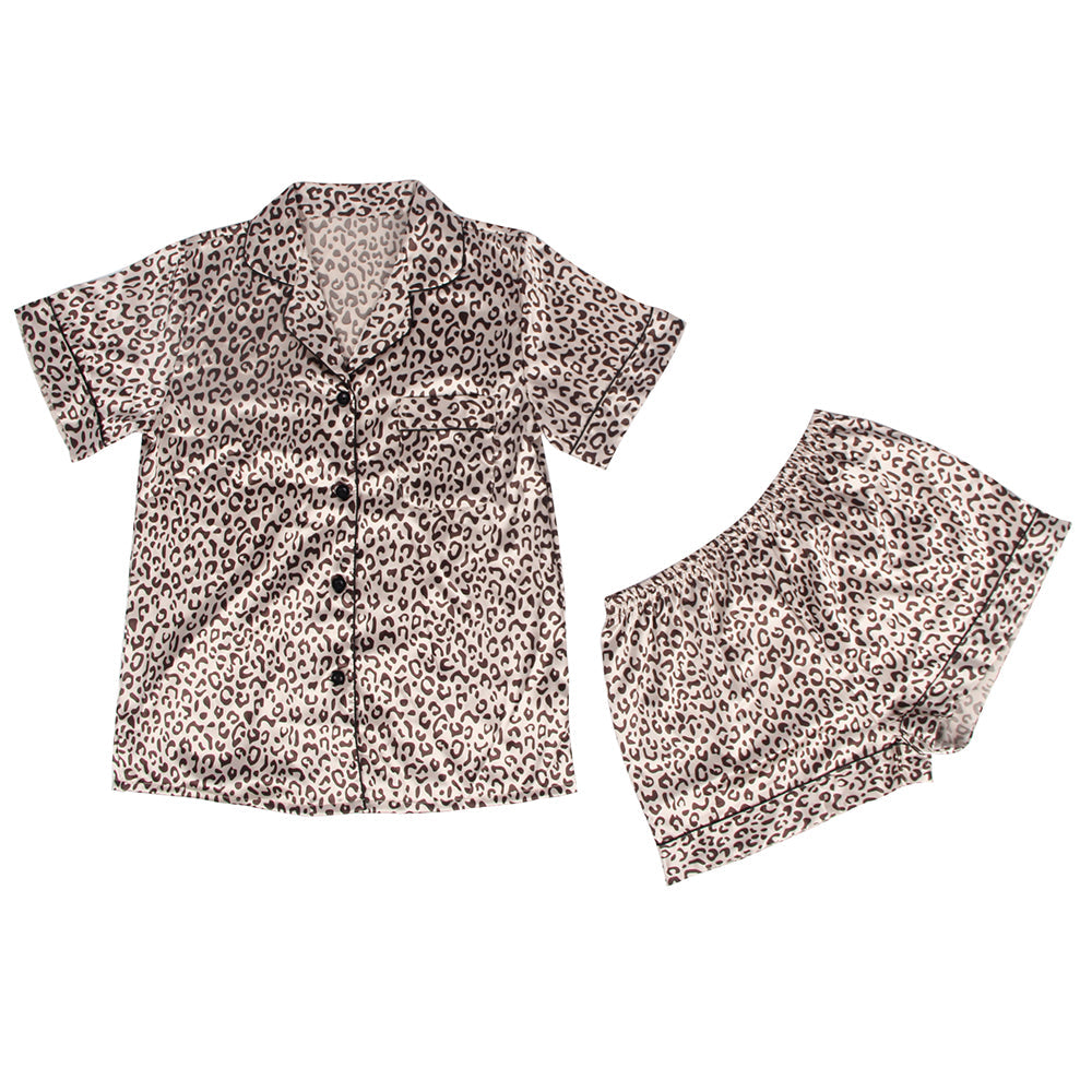 Leopard Print Silk Short Sleeve Two Piece Pajamas Set