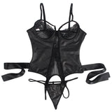 Black PU Leather Sexy Egypt Lace Hollow Out Bodysuit