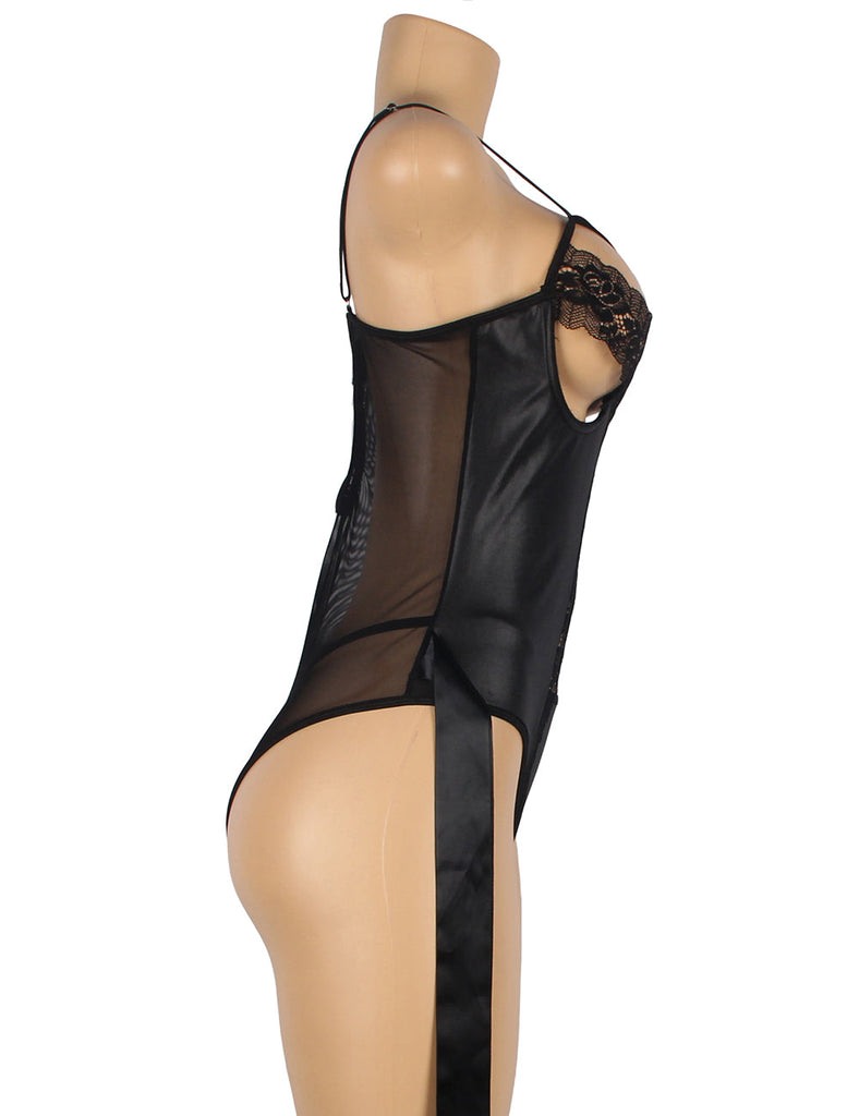 Black PU Leather Sexy Egypt Lace Hollow Out Bodysuit