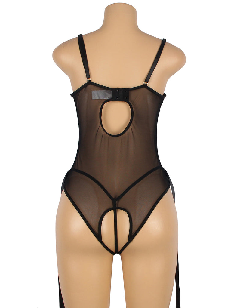 Black PU Leather Sexy Egypt Lace Hollow Out Bodysuit
