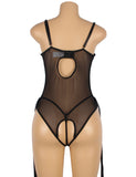 Black PU Leather Sexy Egypt Lace Hollow Out Bodysuit