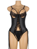 Black PU Leather Sexy Egypt Lace Hollow Out Bodysuit