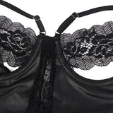 Black PU Leather Sexy Egypt Lace Hollow Out Bodysuit