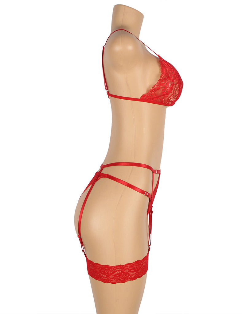 Black & Red Lace Hollow Out Design Garter Belt Leg Ring Bra Set