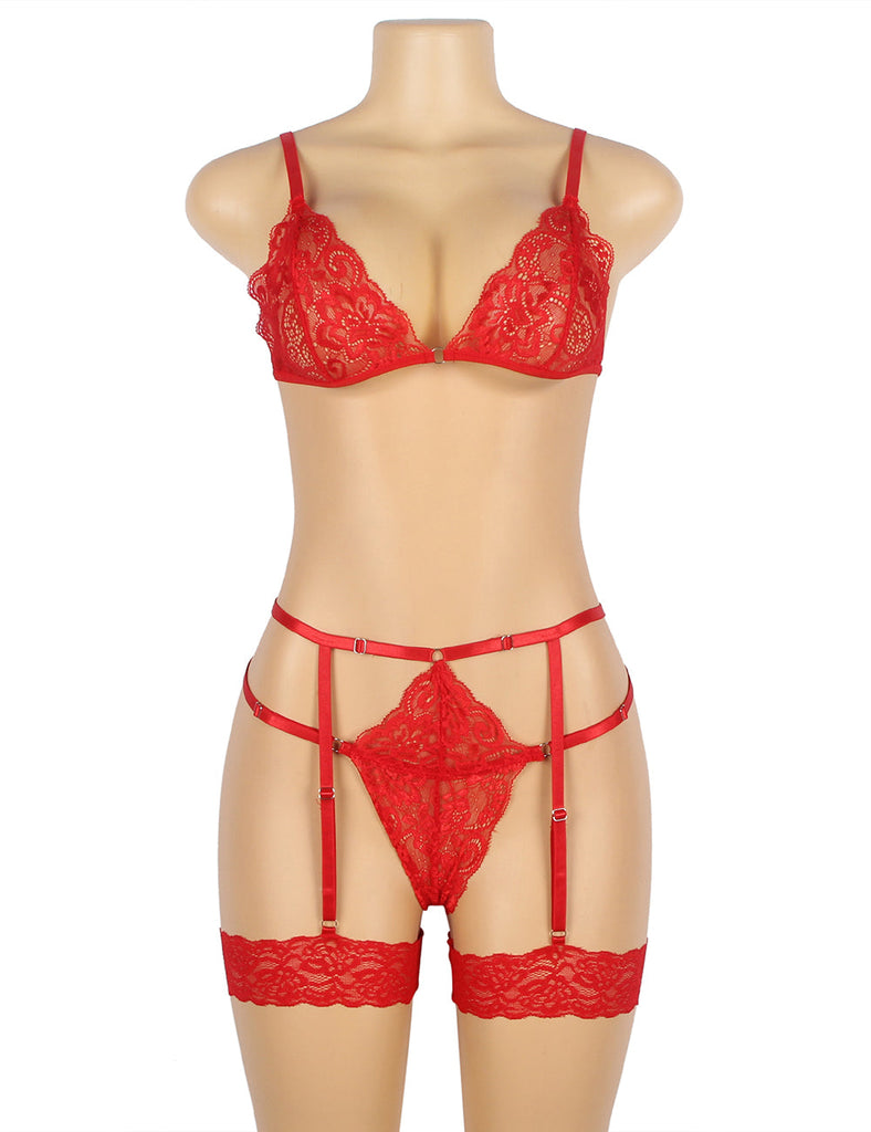 Black & Red Lace Hollow Out Design Garter Belt Leg Ring Bra Set