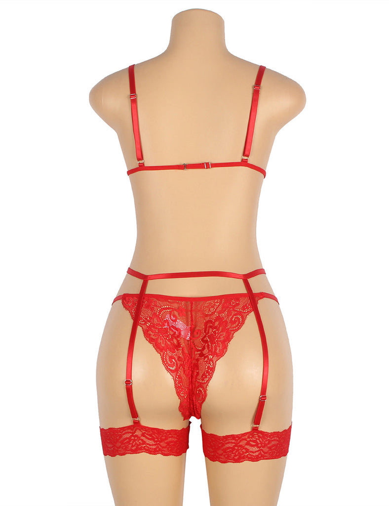 Black & Red Lace Hollow Out Design Garter Belt Leg Ring Bra Set