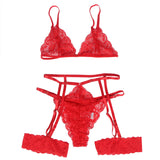 Black & Red Lace Hollow Out Design Garter Belt Leg Ring Bra Set
