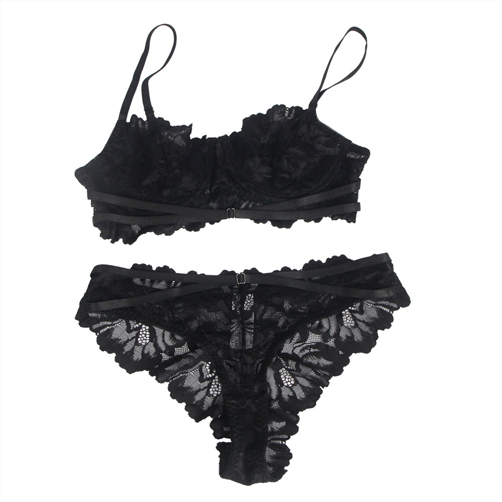 New Pink & Black Floral Lace Adjustable Strap Underwire Bra Set