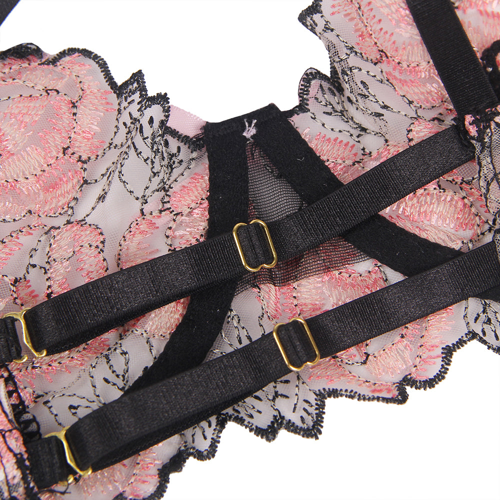 New Pink Floral Lace Underwire Garter Bra Set