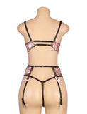 New Pink Floral Lace Underwire Garter Bra Set