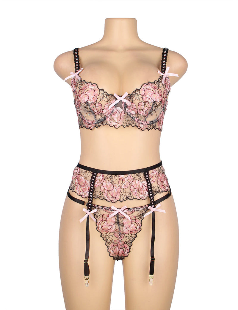Pink Floral Lace Underwire Garter Bra Set