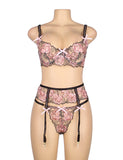 Pink Floral Lace Underwire Garter Bra Set