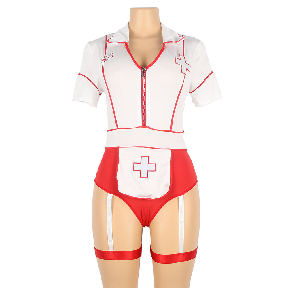 Sexy One Piece Bodysuit Zipper Design Decoration Nurse Costume