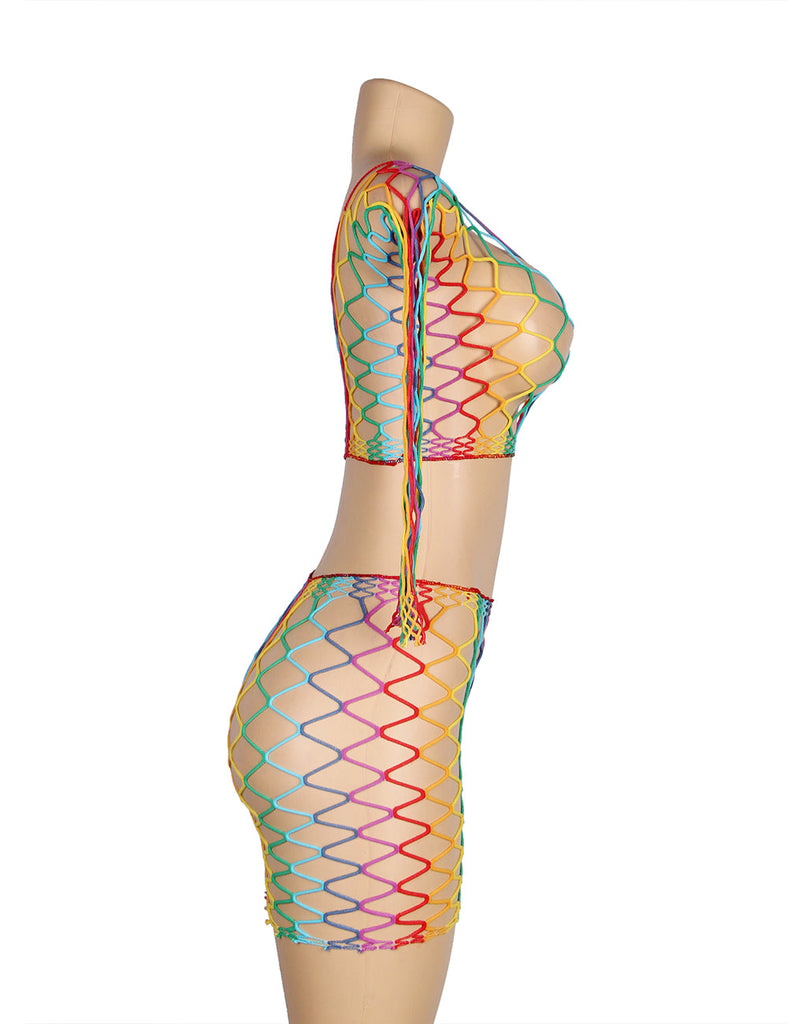 New Lingerie Egypt Colorful Long Sleeve Two Piece Fishnet Bodystocking