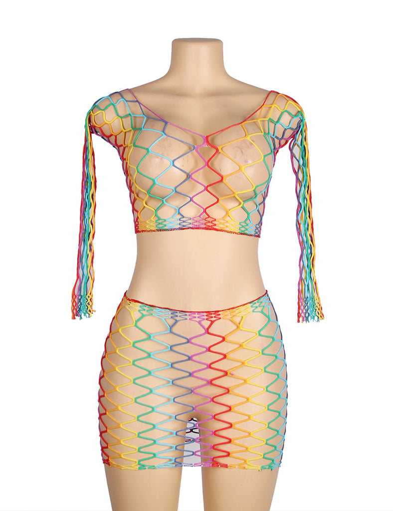 New Lingerie Egypt Colorful Long Sleeve Two Piece Fishnet Bodystocking