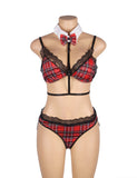 New Sexy Red Plaid Bra Set College Style Cosplay Suit