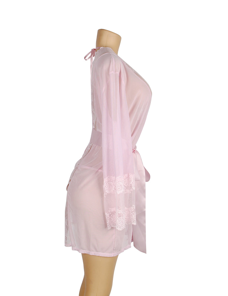 Pink Lace Sexy Hollow Out Back Design Robe Lingerie with Panties
