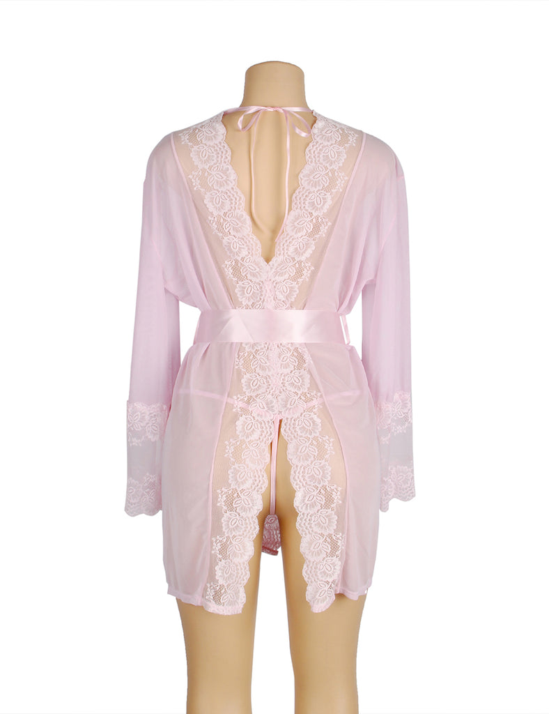 Pink Lace Sexy Hollow Out Back Design Robe Lingerie with Panties