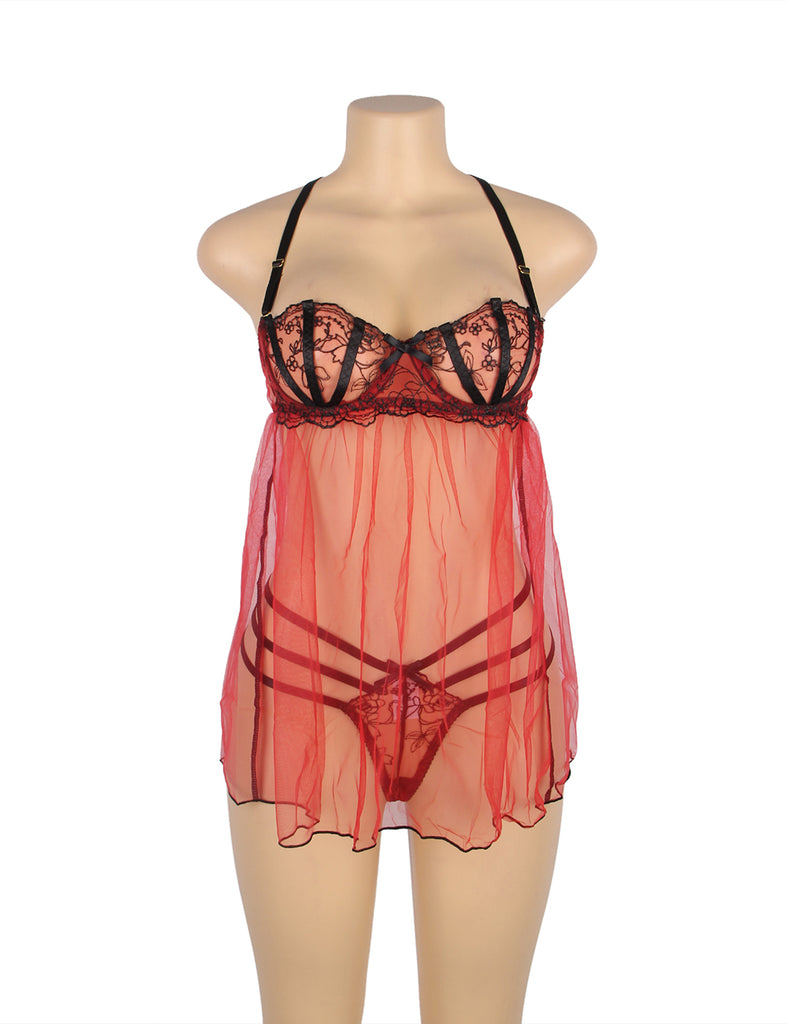 Sexy Mesh Adjustable Shoulder Straps Light Red Babydoll