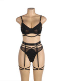 New Black Mesh Underwire Garter Lingerie Set