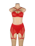 Plus Size Black & Red Mesh Underwire Garter Lingerie Set