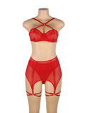 Red & Black Mesh Underwire Garter Lingerie Set