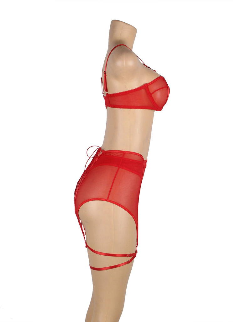 Plus Size Black & Red Mesh Underwire Garter Lingerie Set