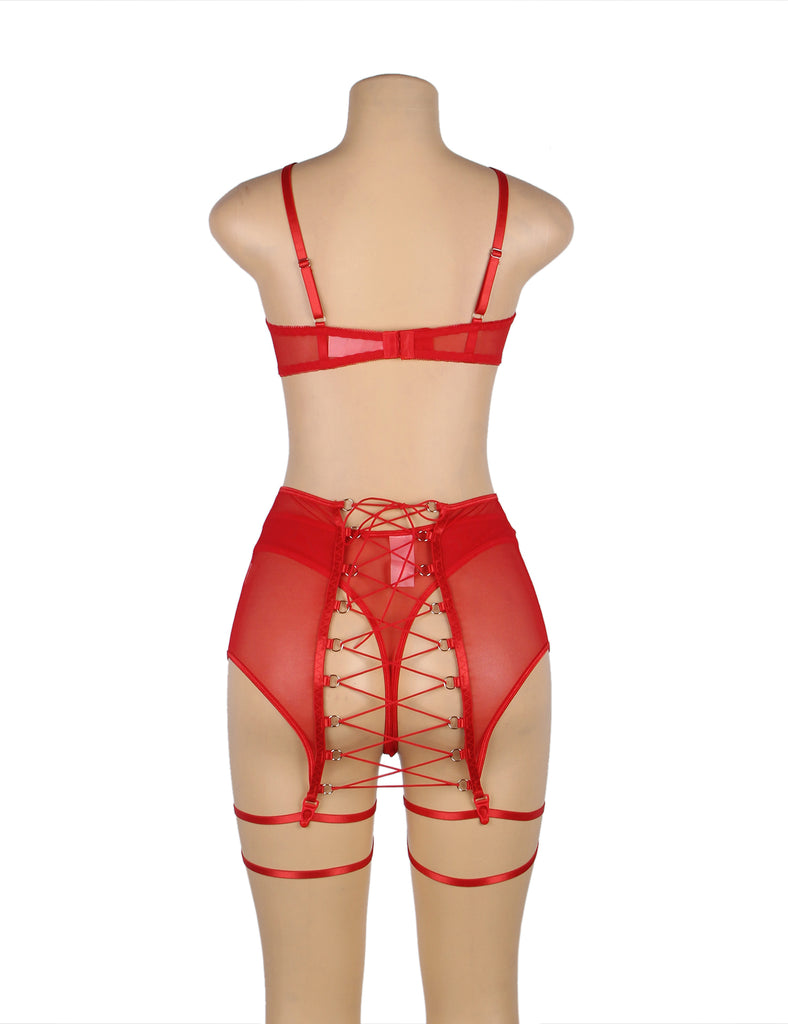 Red & Black Mesh Underwire Garter Lingerie Set
