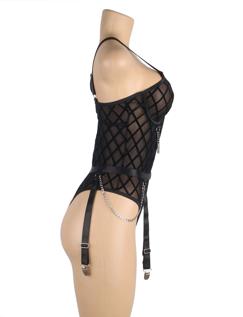 Black  Mesh Chain Bodysuit Hot Lingerie