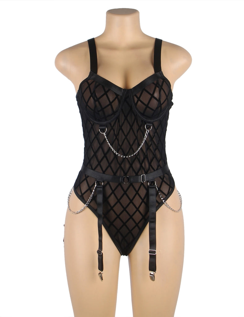 Black  Mesh Chain Bodysuit Hot Lingerie