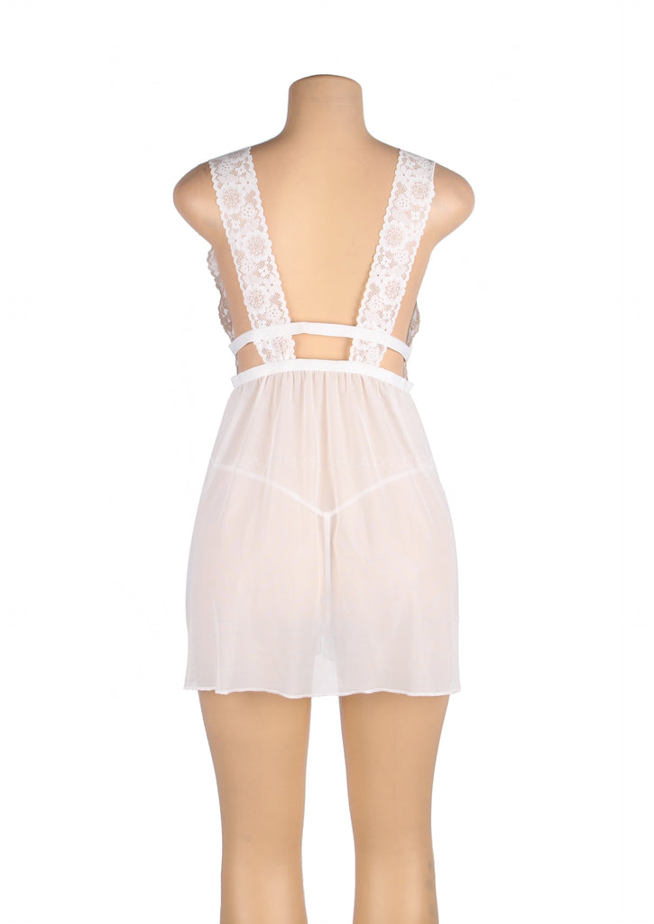 Plus Size White & Burgundy Deep V-neck Mesh Sexy Babydoll