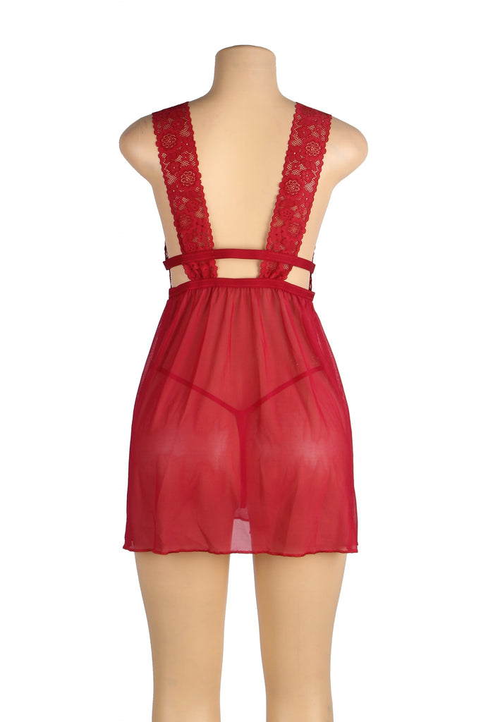 Plus Size Burgundy & White Deep V-neck Mesh Sexy Babydoll