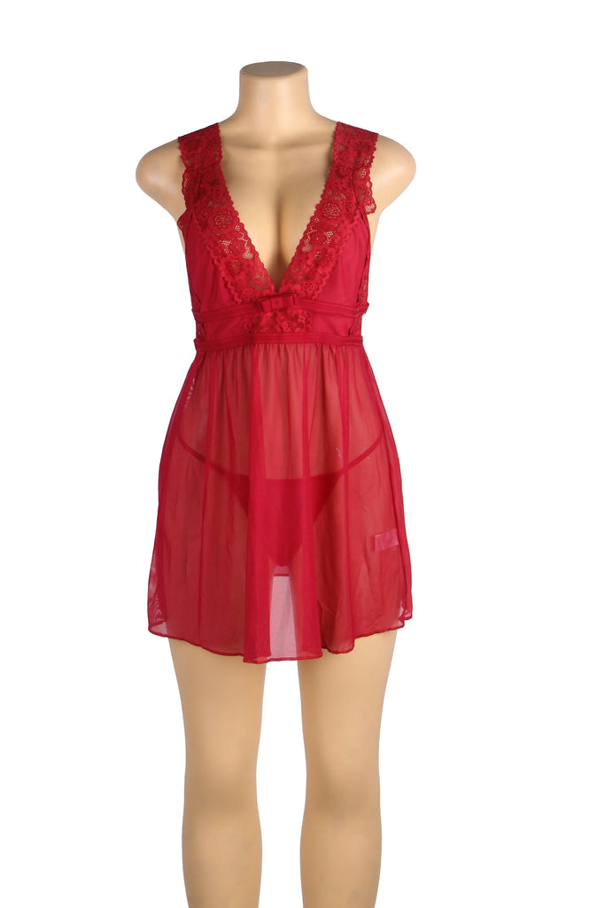 Plus Size Burgundy & White Deep V-neck Mesh Sexy Babydoll