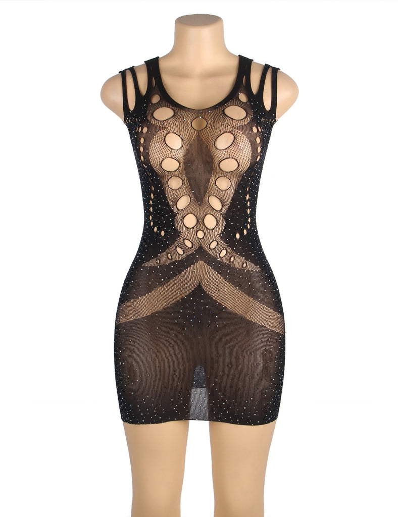 Black Sexy Sparkle Glitter Rhinestone Fishnet Hollow Bodystocking
