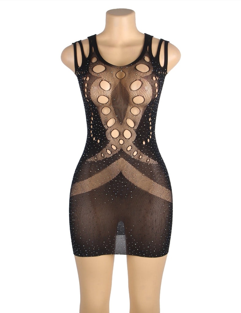 Plus Size Black Sexy Sparkle Glitter Rhinestone Fishnet Hollow Bodystocking