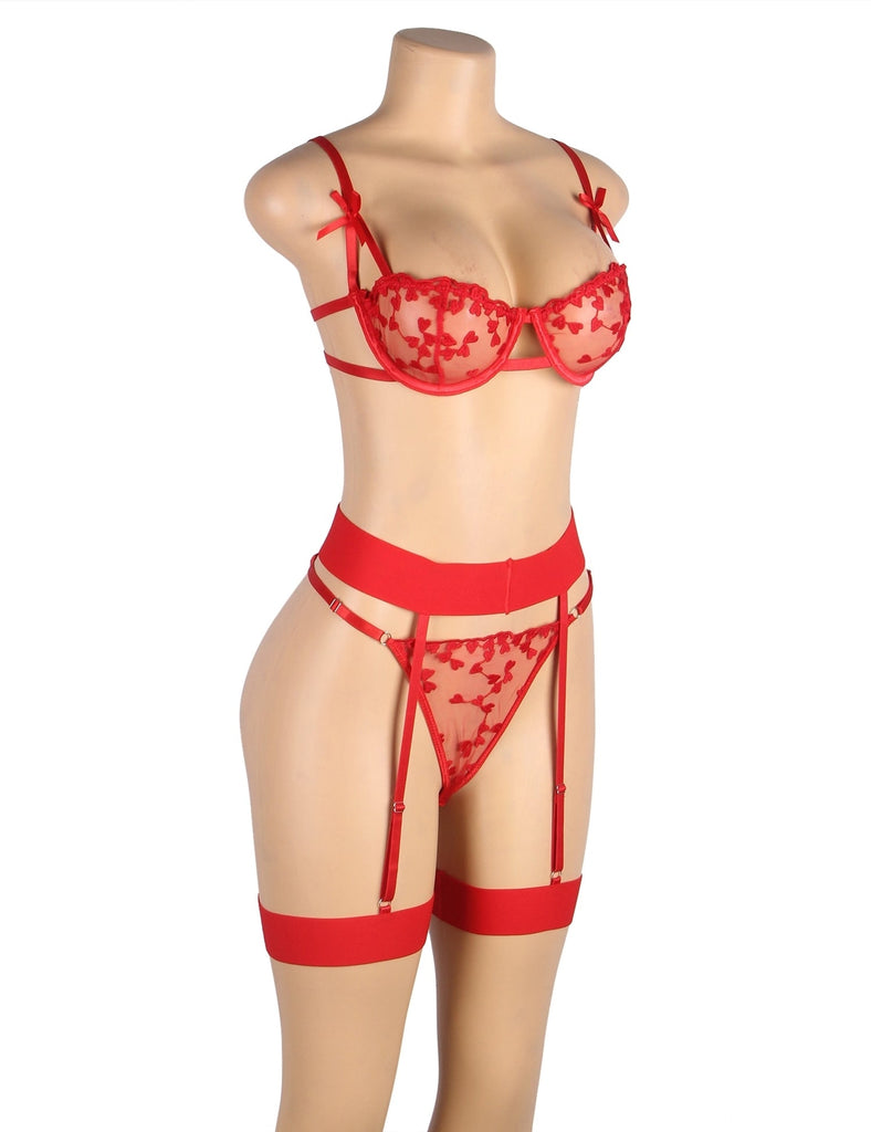 Plus Size Red Underwire Mesh Flower Patterns Bra Set