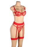 Plus Size Red Underwire Mesh Flower Patterns Bra Set