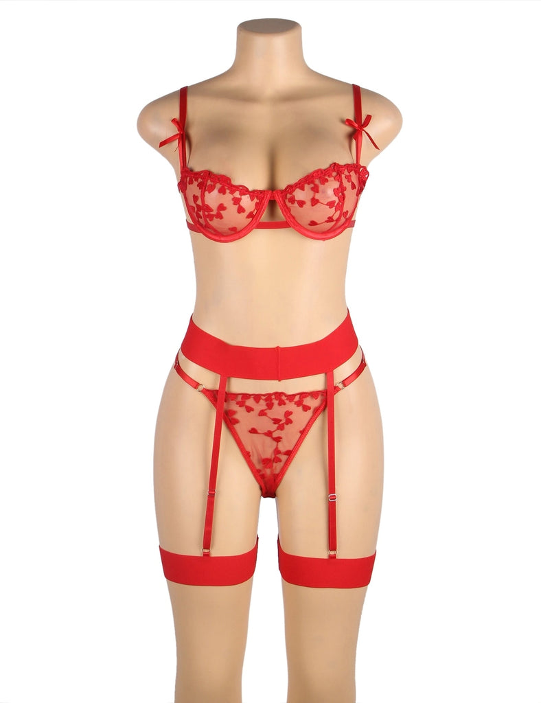 Plus Size Red Underwire Mesh Flower Patterns Bra Set