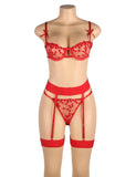 Plus Size Red Underwire Mesh Flower Patterns Bra Set