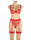 Red Underwire Mesh Flower Patterns Bra Set